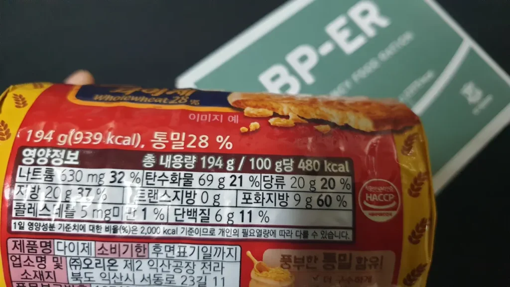 다이제와 압축 비스킷의 성분표를 통해 상황별로(72시간, 7일, 30일) 왜 서로 다른 열량 기준이 적용되는지 분석하는 이미지